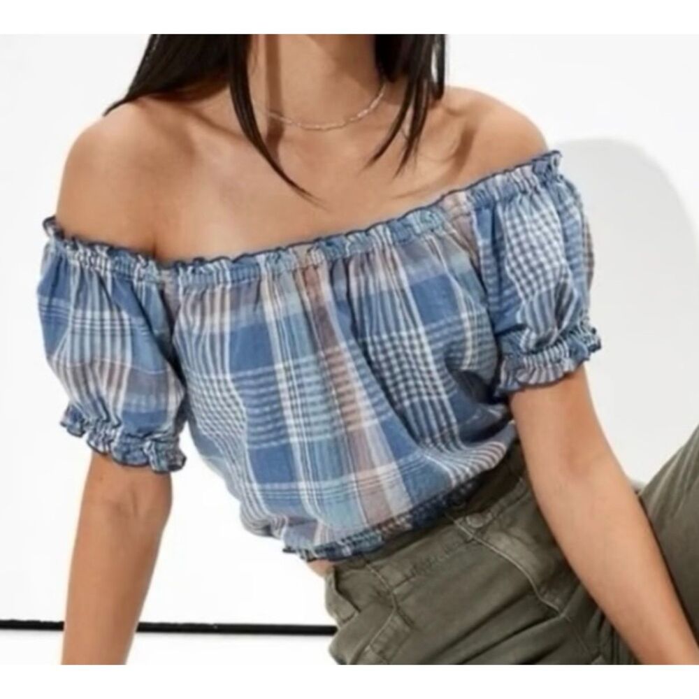 American Eagle plaid off the shoulder bubble hem crop top